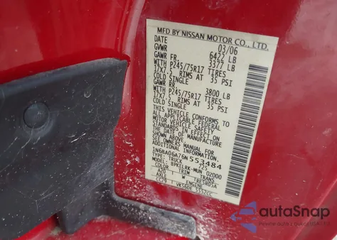 2006 Nissan Titan Xe z USA, uszkodzony, nr VIN 1N6BA06A76N553484